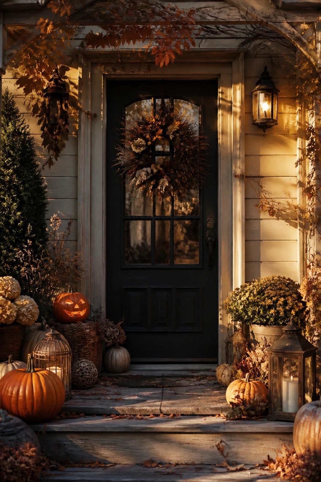 Front door with several carved jack o lanterns placed on the steps and beside the entrance, along with lanterns and a large wreath.