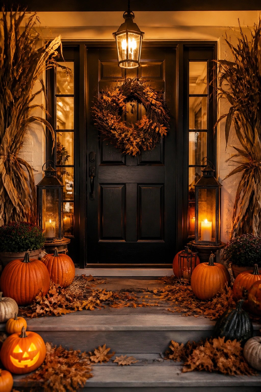 Front door with a large leaf wreath, flanked by lit lanterns and surrounded by pumpkins of various sizes on the steps, including one carved jack-o'-lantern.