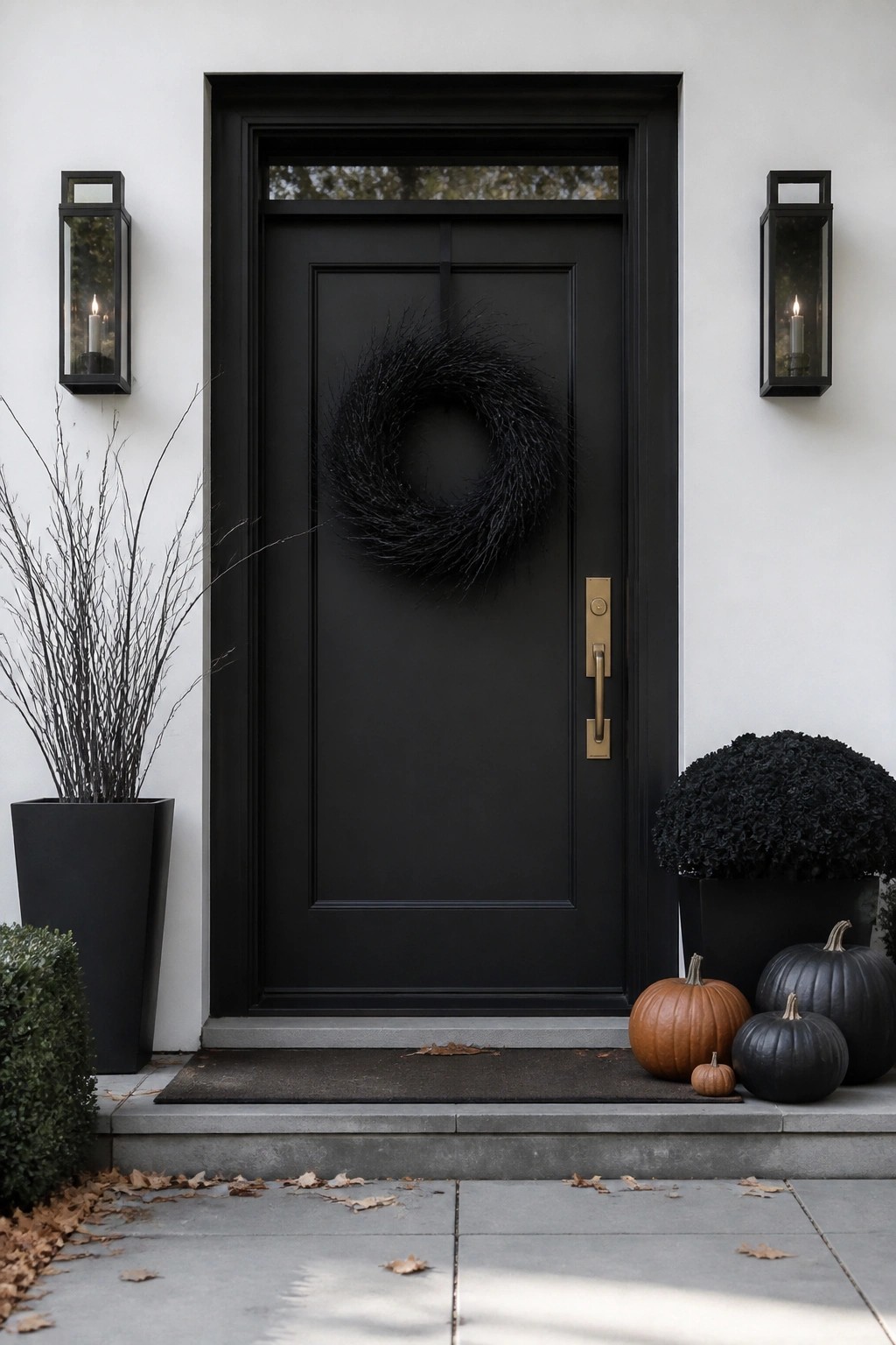 Black door with wreath, gold handle, lit lanterns, black planters, and pumpkins.