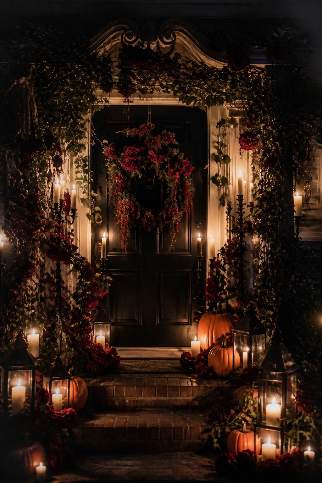 Dark front door decorated with a large red rose wreath, climbing vines, lit candles in black lanterns, and orange pumpkins on brick steps.