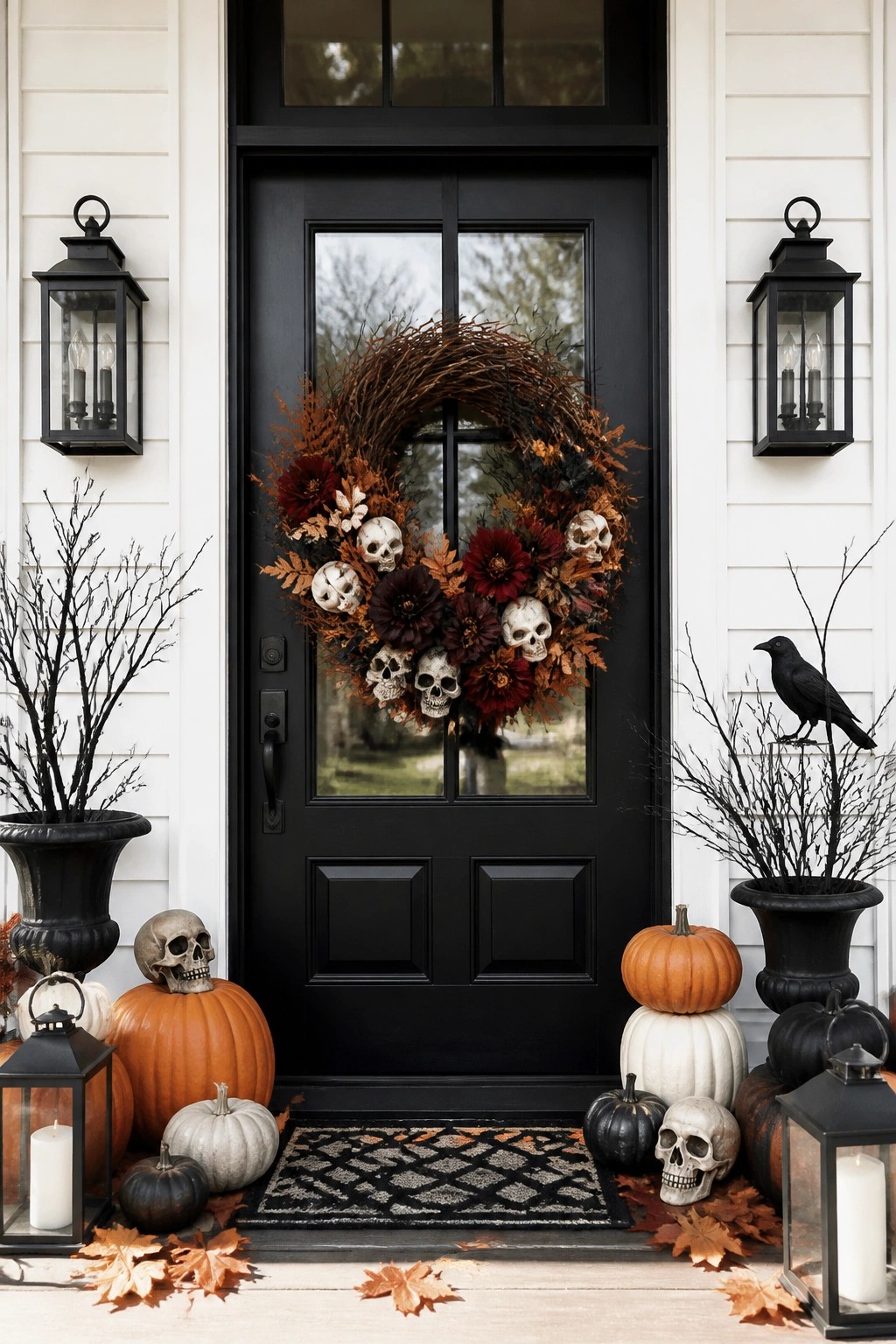 Black front door with a large wreath made of twigs, dark flowers, and several small skulls, surrounded by pumpkins, lanterns, and bare branches on a white porch.