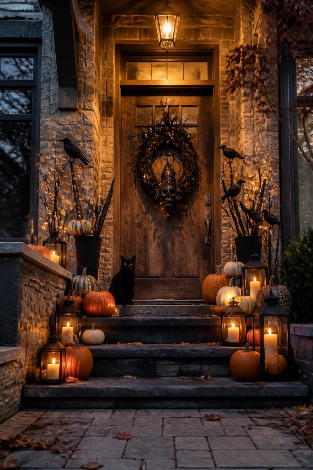 Front door with a large skull wreath, black crows on branches, pumpkins, lanterns, and a black cat on the steps.