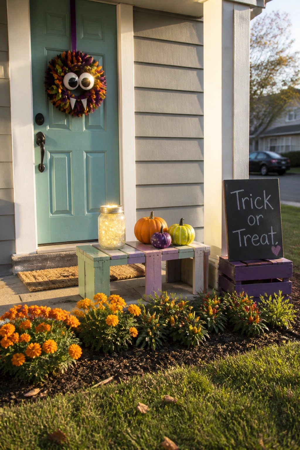 A teal front door with a large colorful monster wreath hanging on it, a wooden bench holding small pumpkins and a glowing jar, and a chalkboard sign reading 
