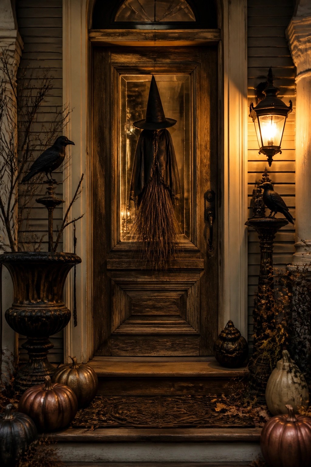 Wooden front door decorated with a witch hat and broom hanging in the center, black crow statues on pedestals, and pumpkins on the steps.