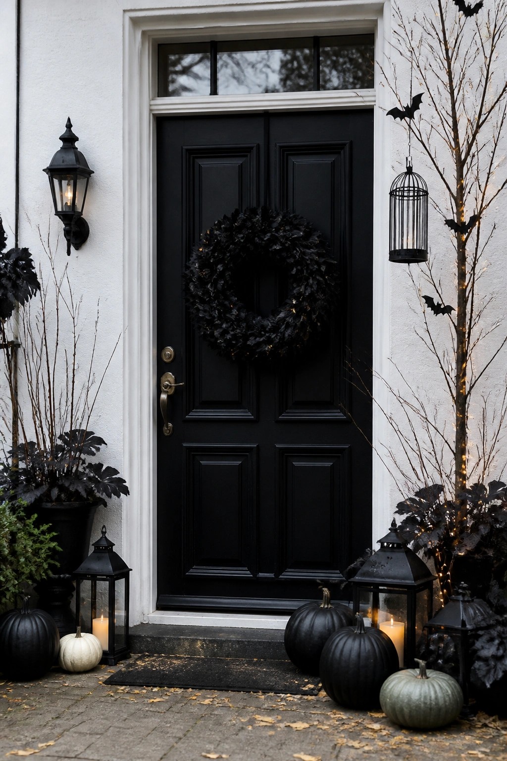 Black front door with a large black wreath, black lanterns, black pumpkins, and bats hanging from a small tree.