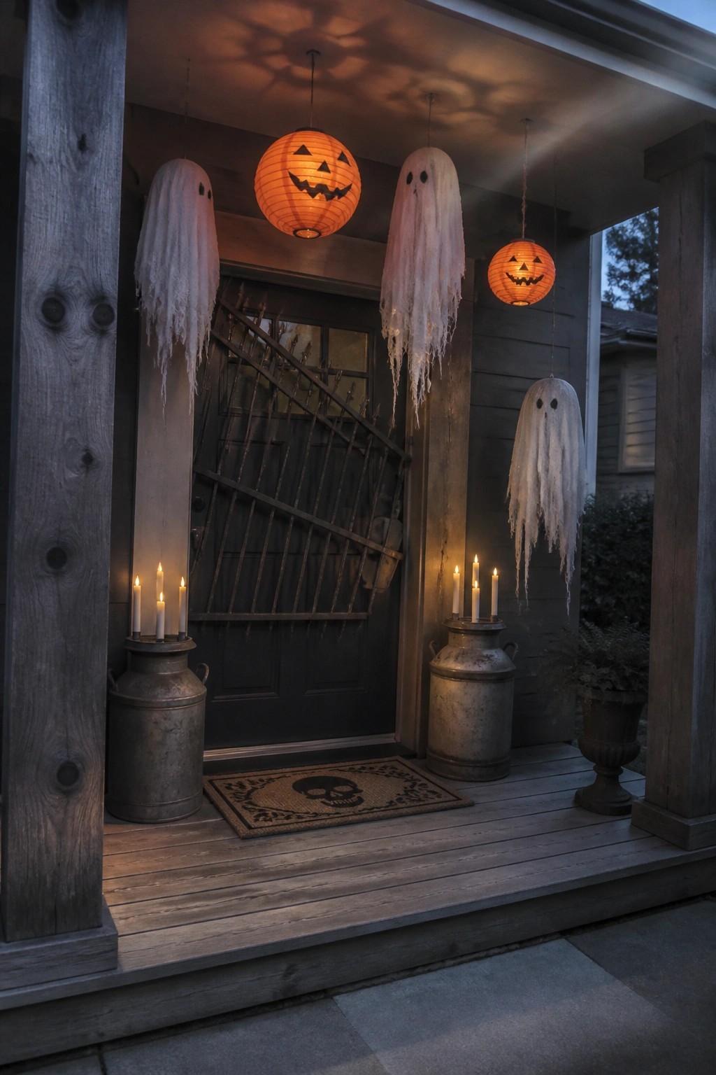 A wooden front porch at dusk decorated with hanging ghost and pumpkin paper lanterns, candles in metal milk cans, and a skull doormat in front of a dark door.