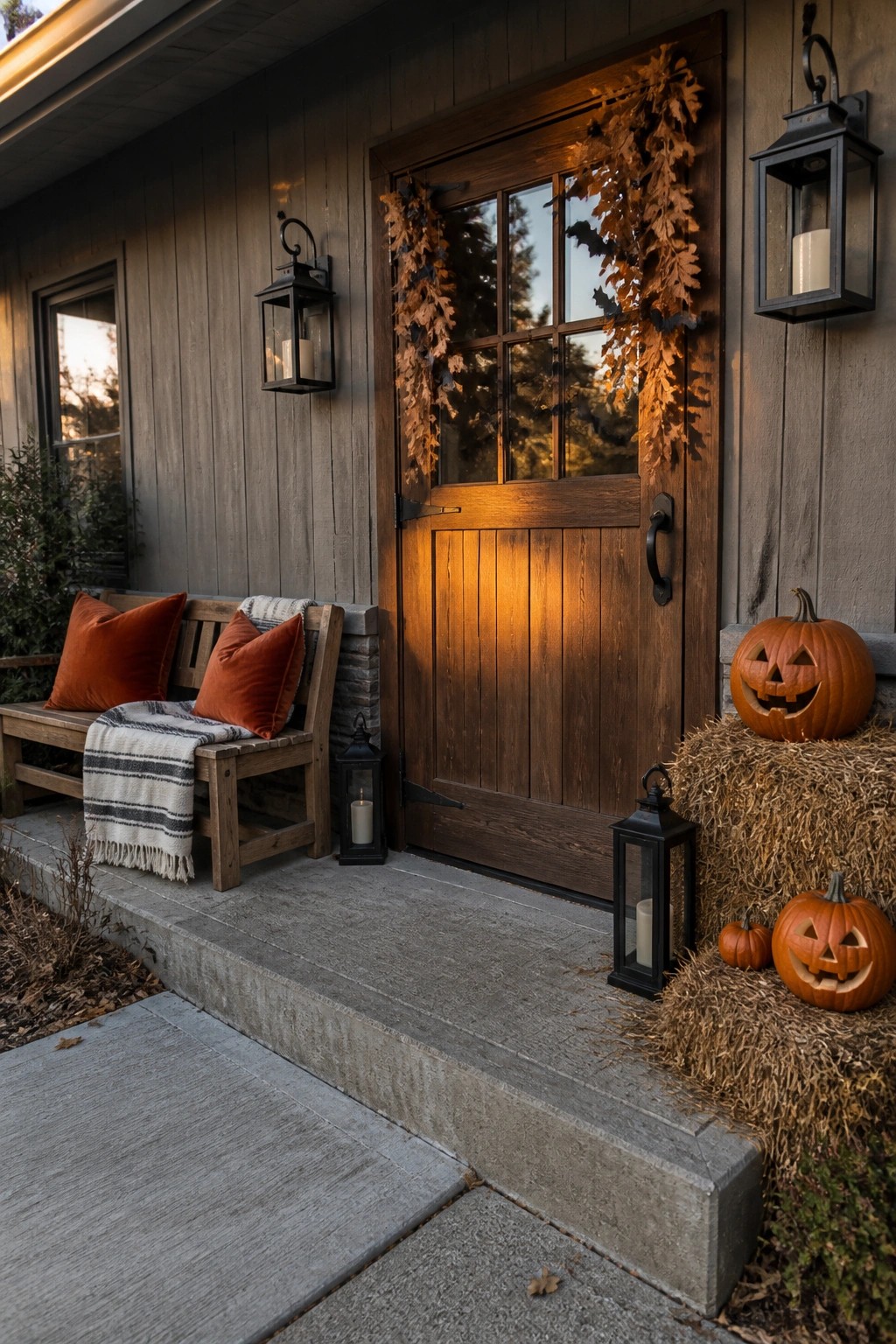 Wooden front door decorated with dried oak leaf garlands and small bats, plus carved pumpkins on hay bales and black lanterns.