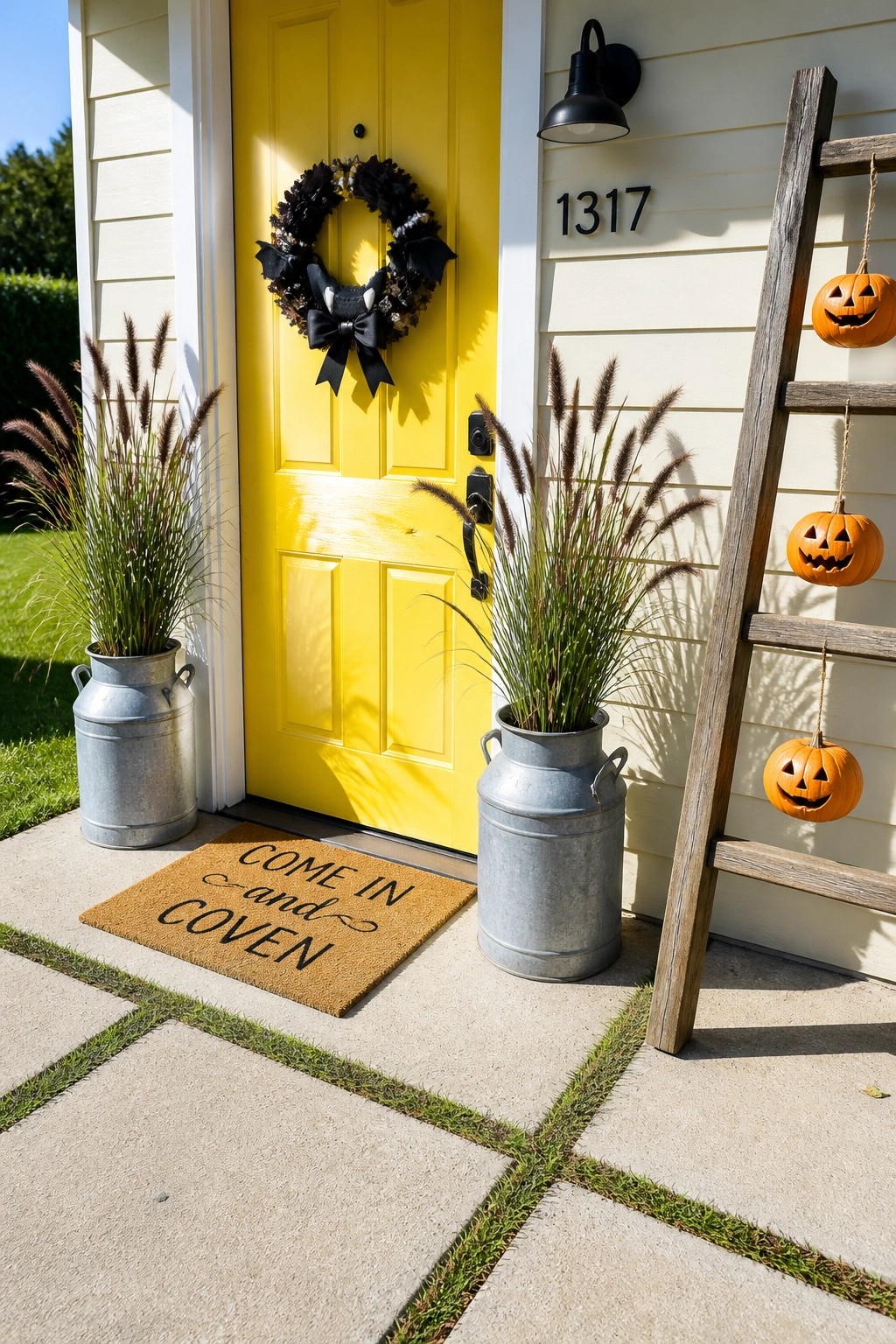 Yellow front door with black wreath, two metal pails with tall grasses, welcome mat, and wooden ladder holding three hanging jack-o-lantern pumpkins.