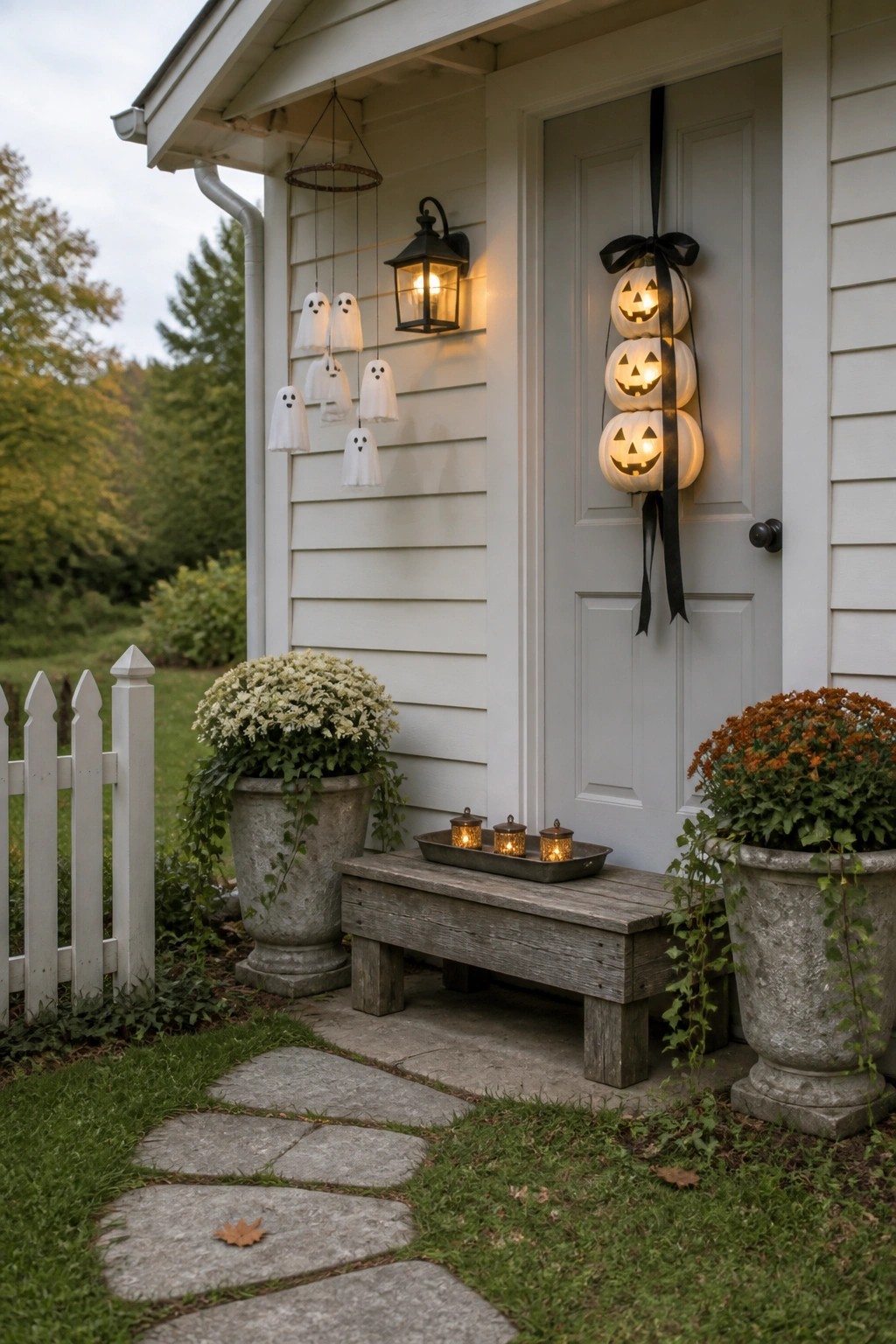 Front door of a white house with three stacked illuminated jack-o'-lanterns tied together by a black ribbon.