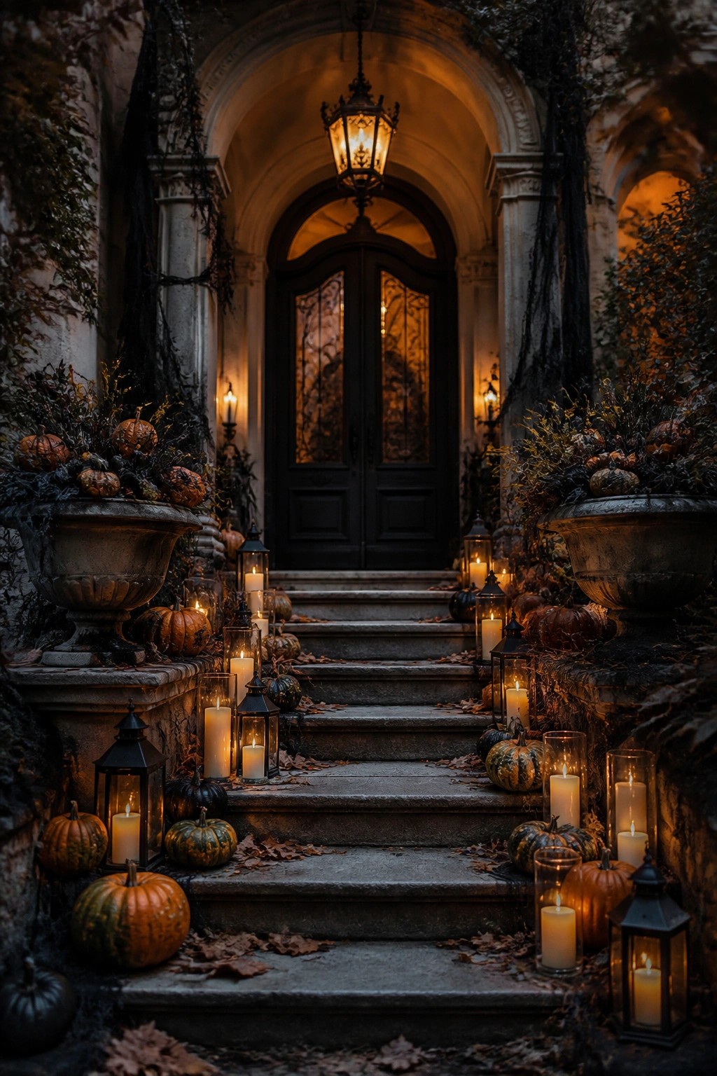 Stone steps leading to a dark double door lined with black lanterns, white candles, and orange and green pumpkins at night.