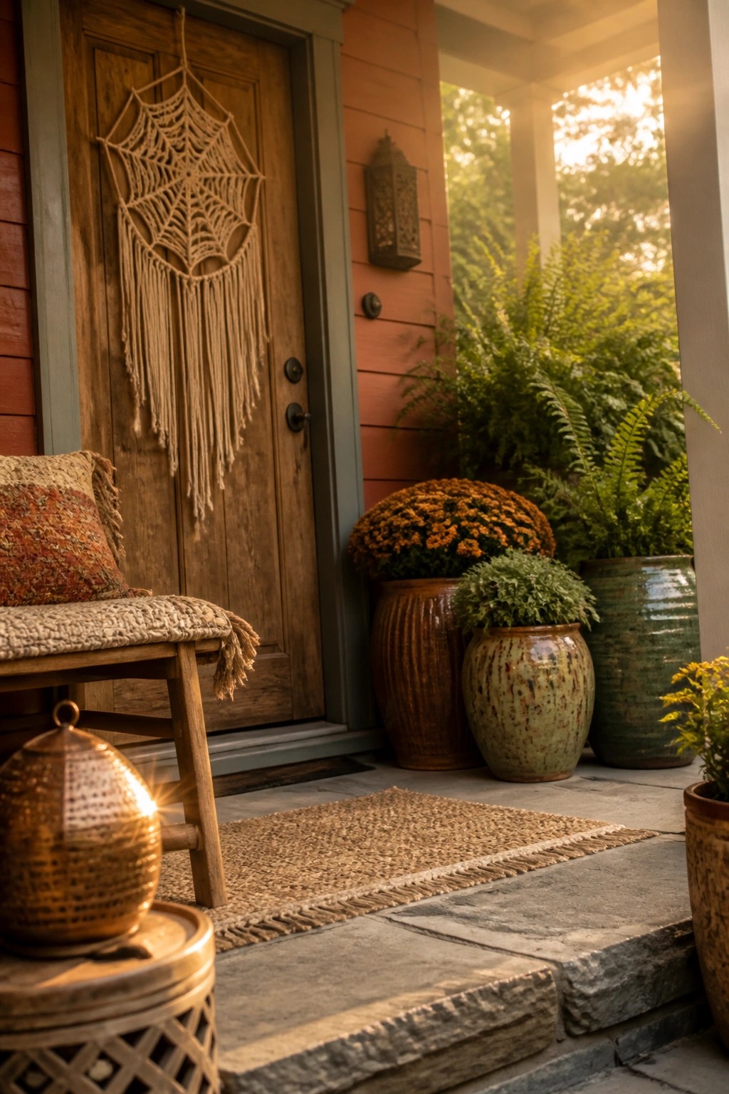 A wooden front door with a macrame spider web decoration hanging on it, next to potted plants and a bench on a stone porch.