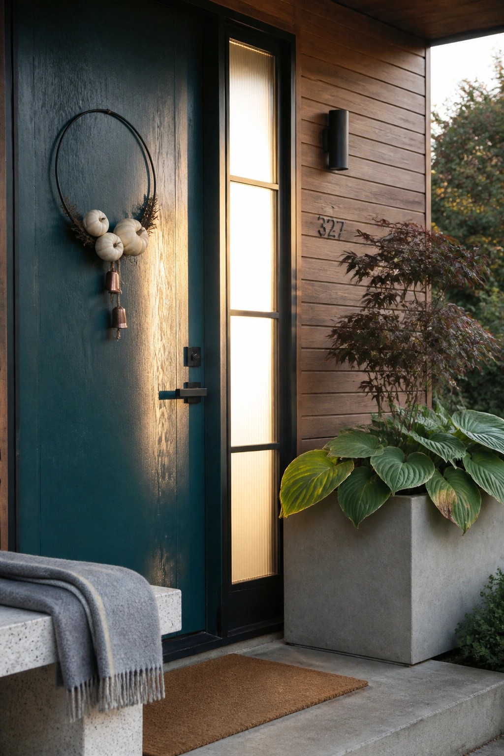 A dark teal front door featuring a circular wreath with small white pumpkins and bells, beside a tall glass sidelight on a house with horizontal wood siding.
