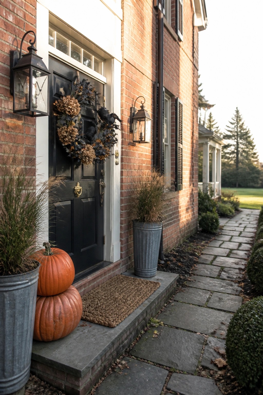Black door with crow wreath on brick house, pumpkins and lanterns beside stone path