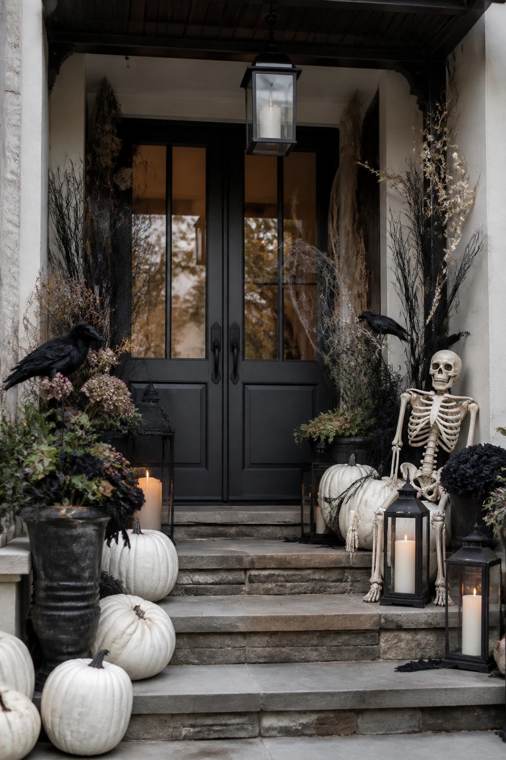 Front porch steps with a seated skeleton, white pumpkins, black crows, and lit lanterns beside a dark double door.