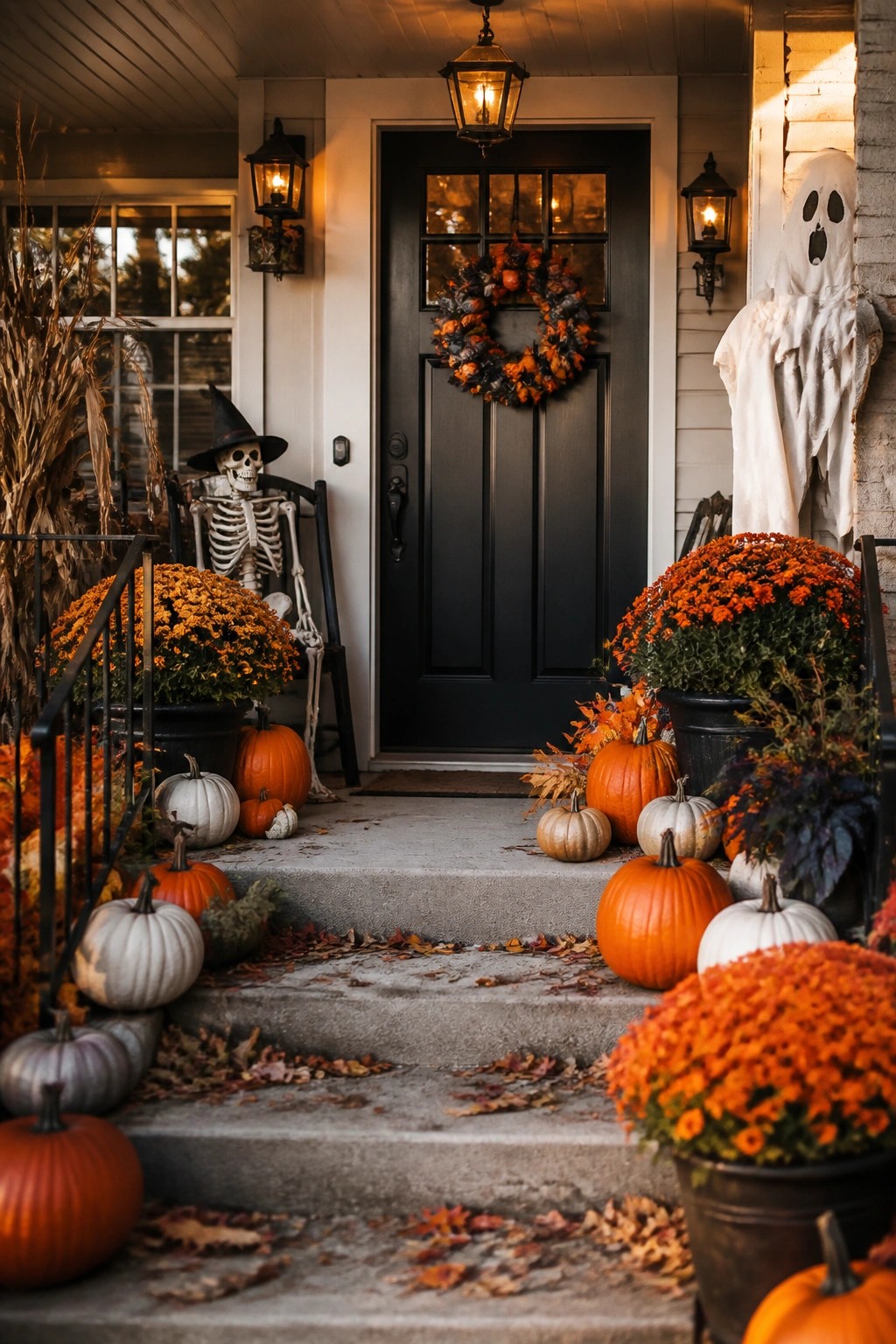 Front porch with a skeleton in a witch hat seated on a chair and a white sheet ghost standing beside a black door, surrounded by pumpkins and orange mums.