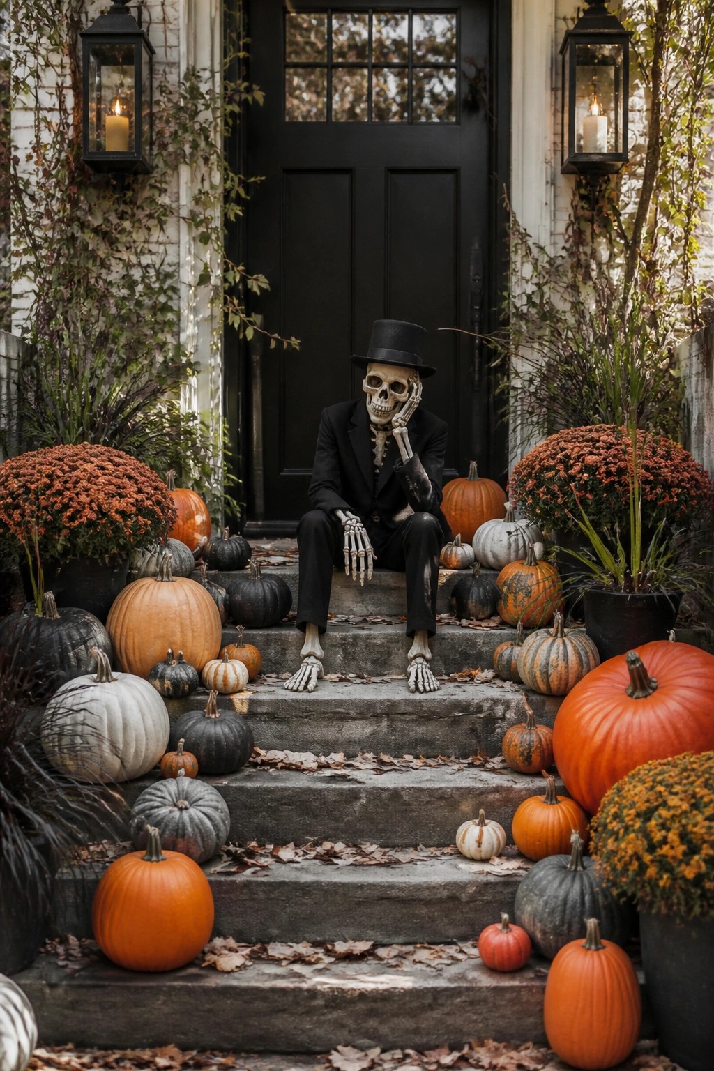 A skeleton in a black suit and top hat sits on the concrete steps of a house with pumpkins and orange mums arranged around the front door.