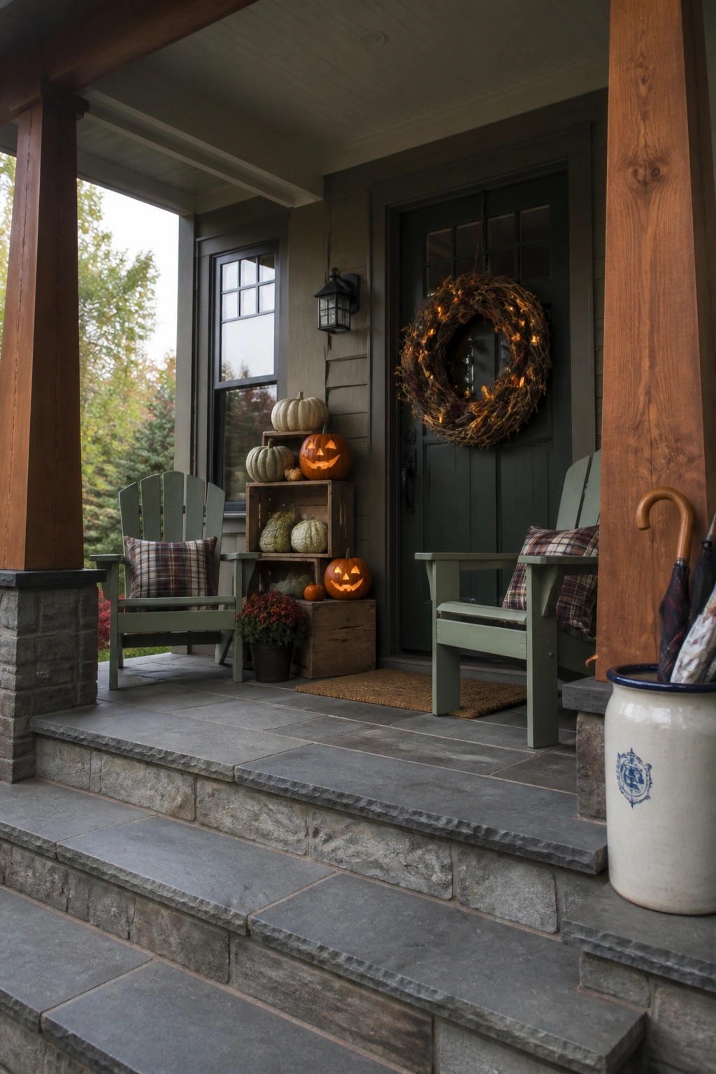 Autumn porch with green Adirondack chairs, lit pumpkins, and glowing wreath on door