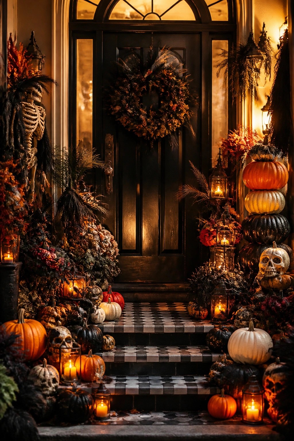 Front door decorated with stacked pumpkins, skulls, and glowing lanterns on the steps and sides.
