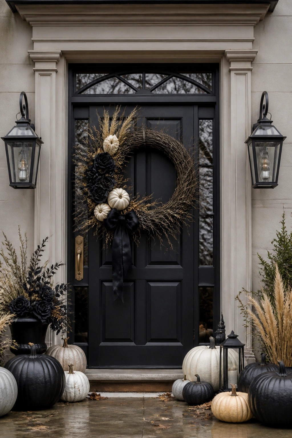 Black front door with a large twig wreath decorated with black roses, white pumpkins, and a prominent black bow.