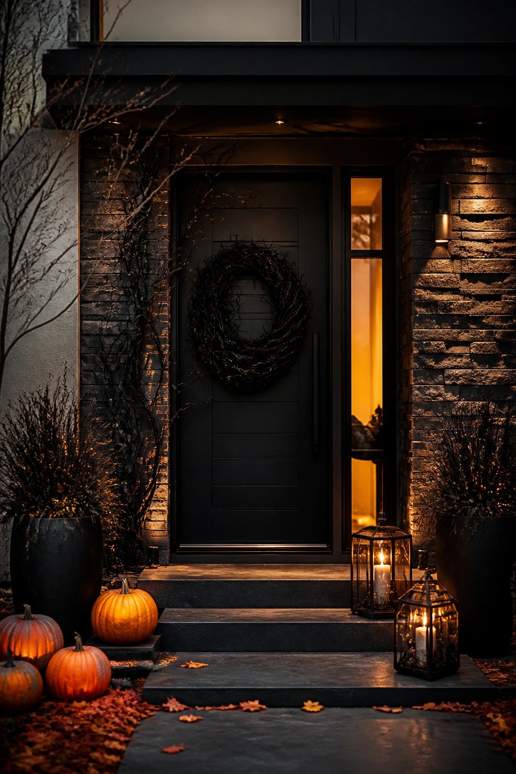 Dark front door with a large black branch wreath, two lit lanterns on the steps, and several pumpkins arranged at the base.
