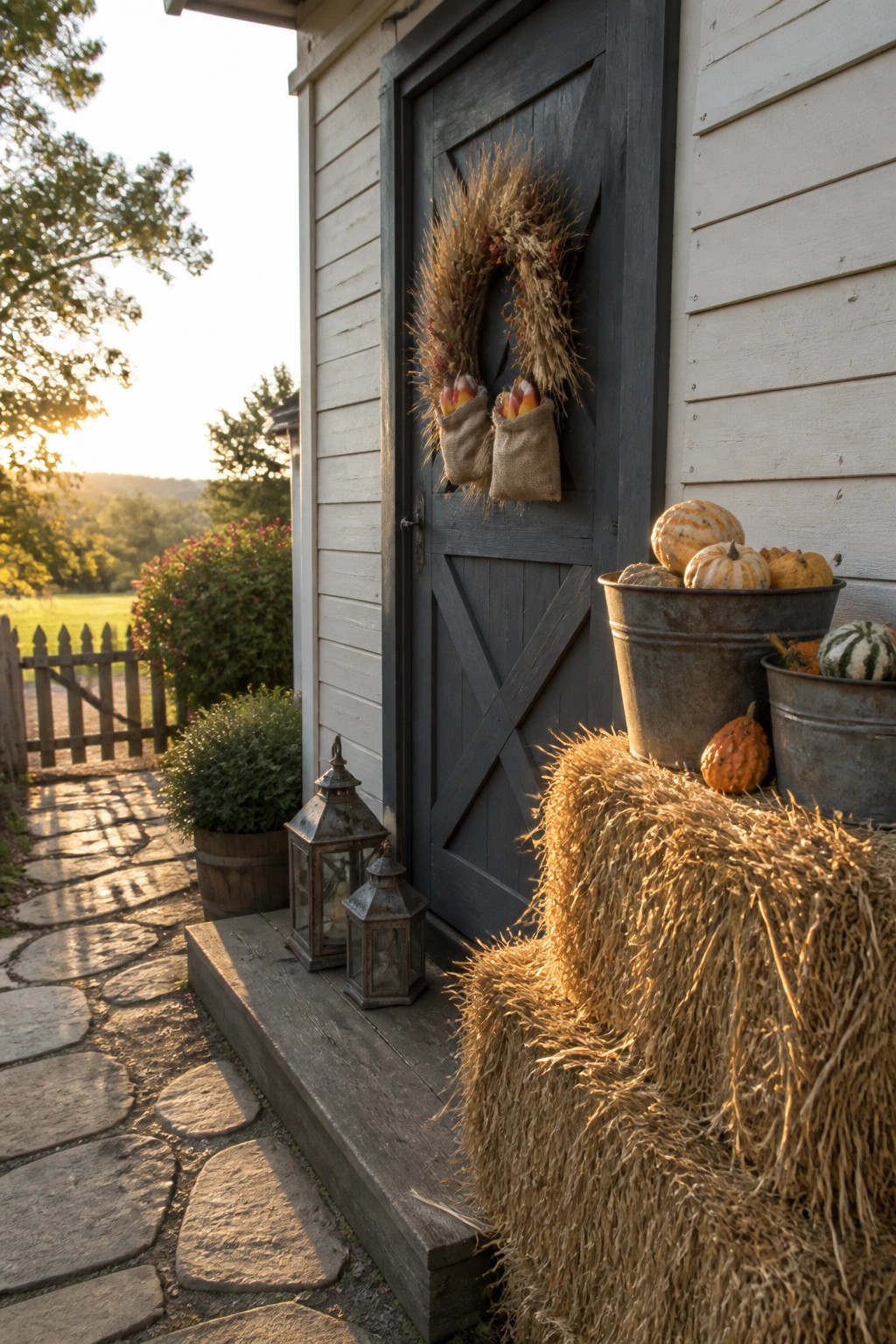 A dark wooden door on a white house has a large dried grass wreath with two burlap sacks attached, flanked by hay bales, metal buckets of pumpkins, and two lanterns on the wooden step.