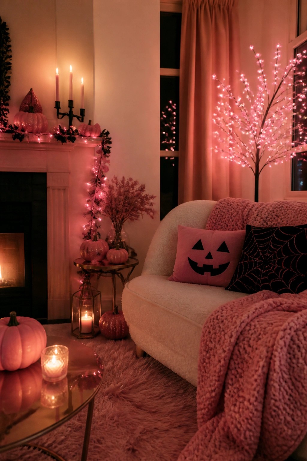 White sofa in a living room with a pink jack-o-lantern pillow and black spiderweb pillow, pink pumpkins, string lights, and a decorated mantel in the background.