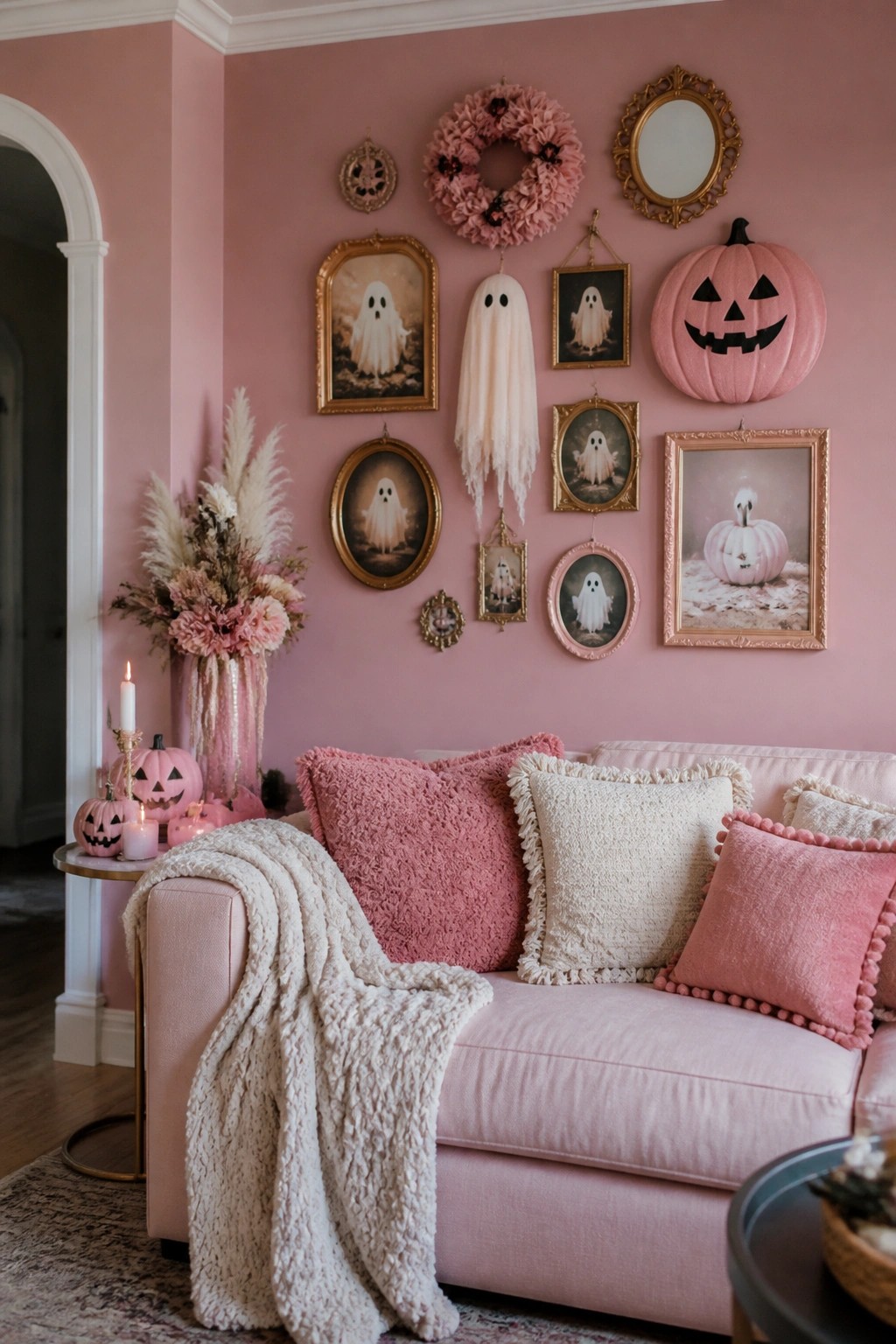 Pink sofa with ghost portraits, pink pumpkins, and floral decor on pink wall