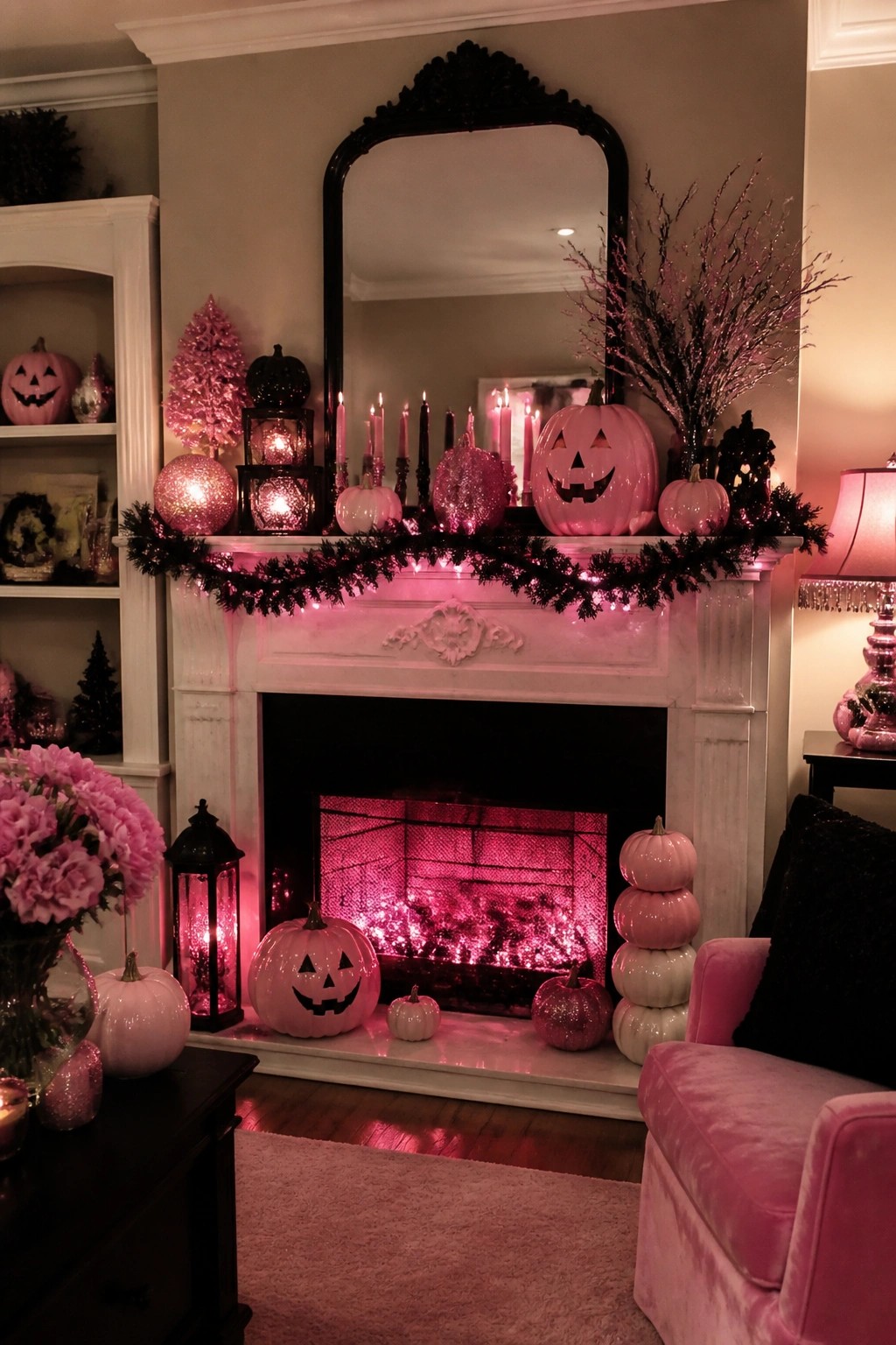 A white fireplace mantel decorated for Halloween with pink jack o lanterns, glitter pumpkins, black garland with lights, and pink candles.