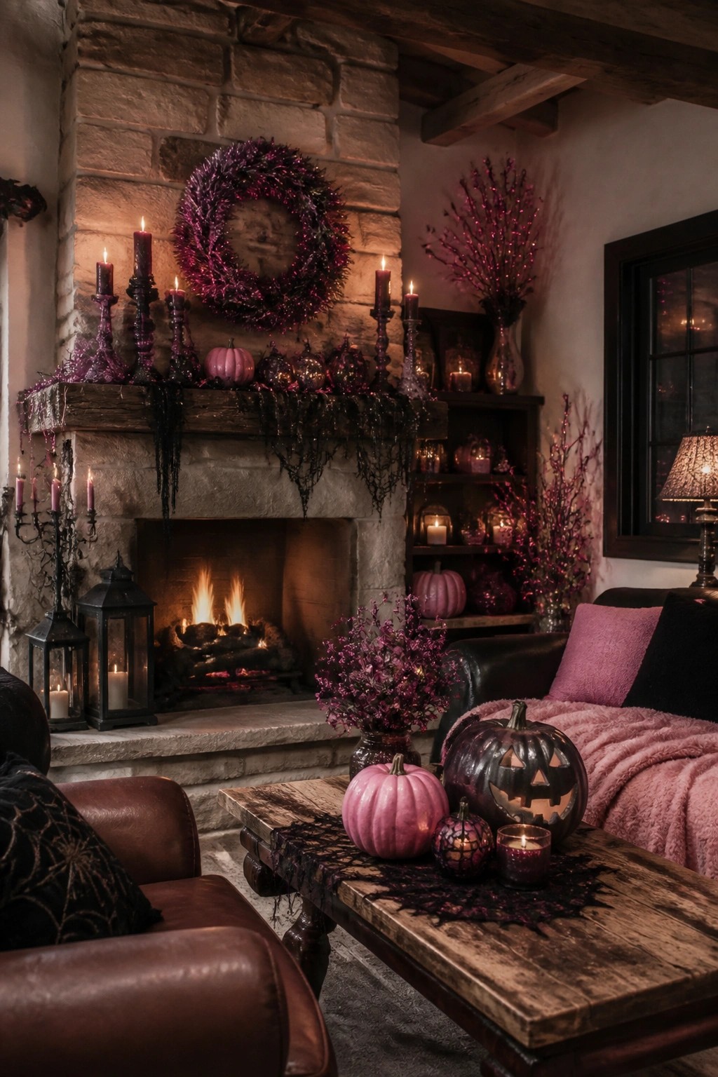 Stone fireplace mantel decorated with a glittery purple wreath, pink pumpkins, dark garland, and lit candles in black holders.