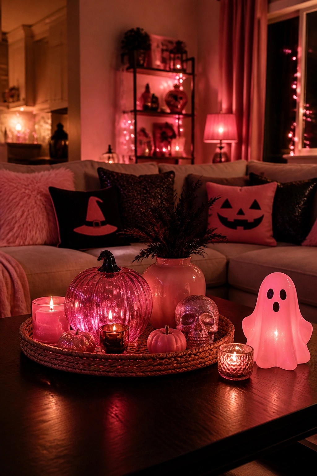 Coffee table tray holding a glowing pink ghost, glitter skull, pink glass pumpkin, and several lit candles in a living room setting.