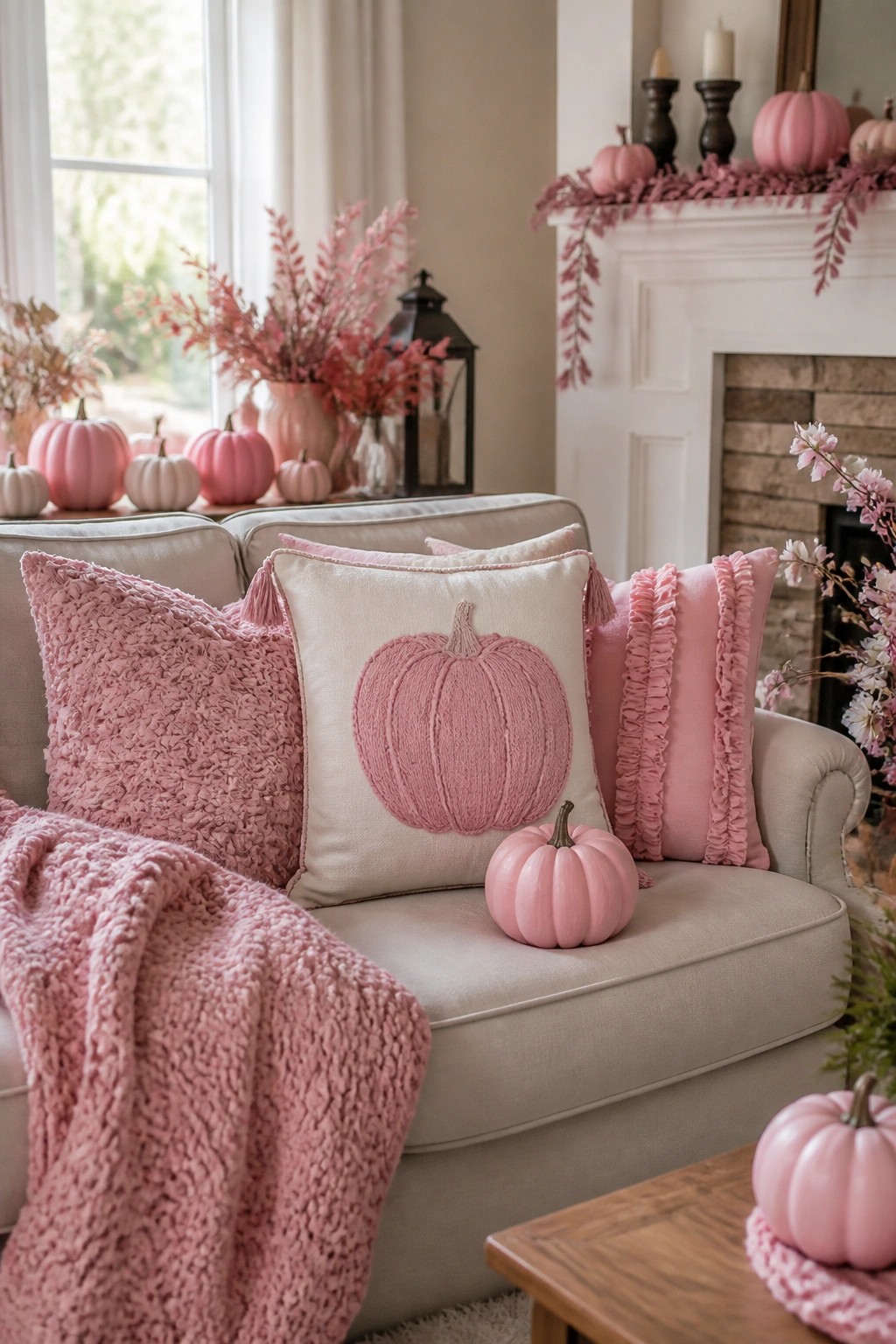 Living room mantel styled with multiple pink pumpkins and a pink garland, with a pink pumpkin pillow on the sofa below.