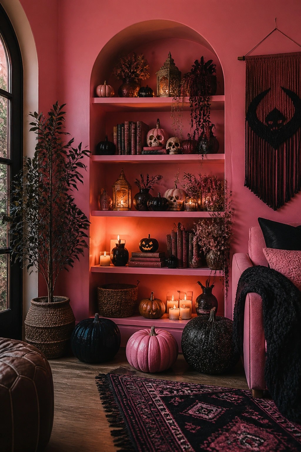 Pink built-in arched shelves filled with skulls, jack o lanterns, black and pink pumpkins, books, and lit candles in a cozy room.