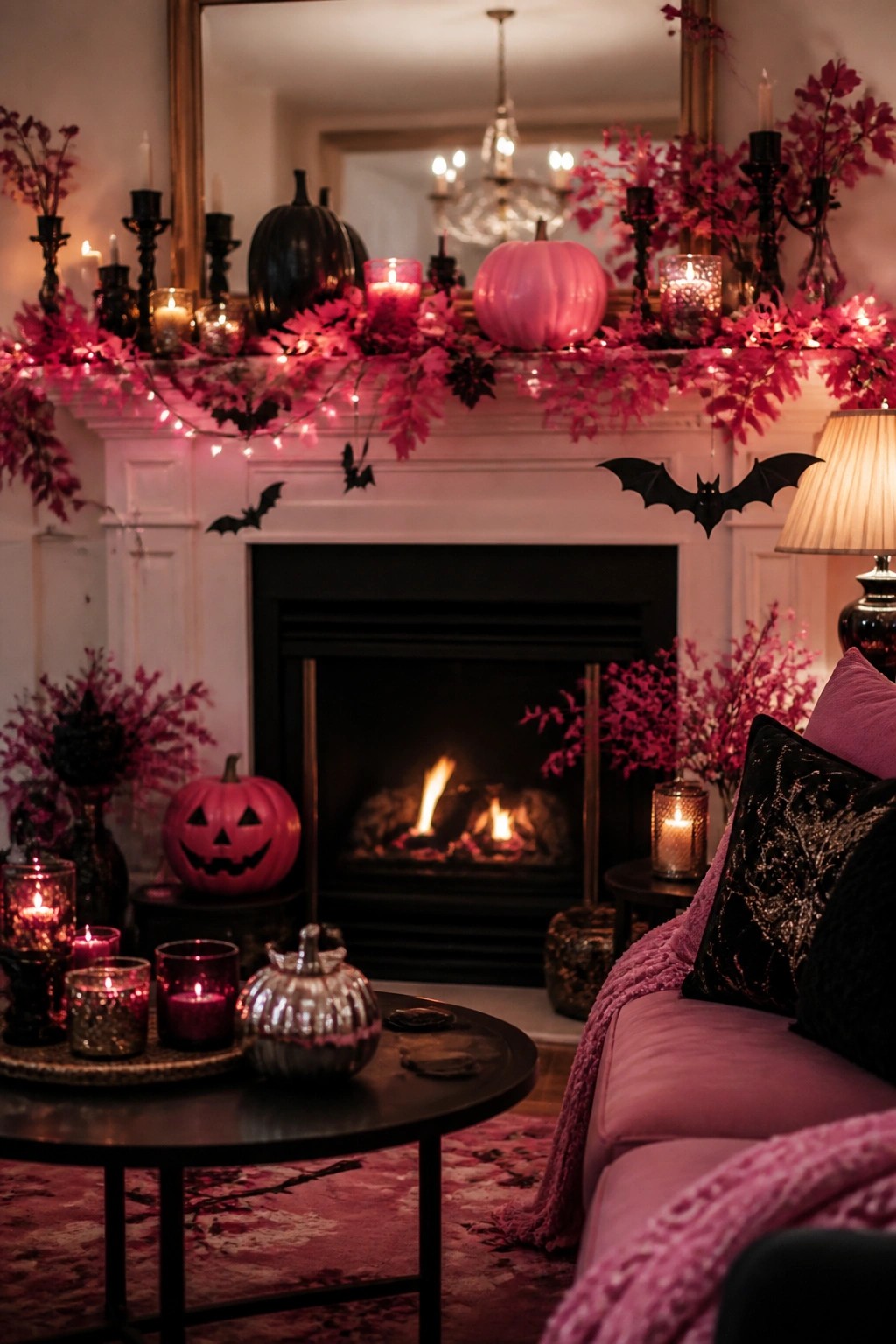 White fireplace mantel styled for Halloween with pink pumpkins, black bats, string lights, and foliage.