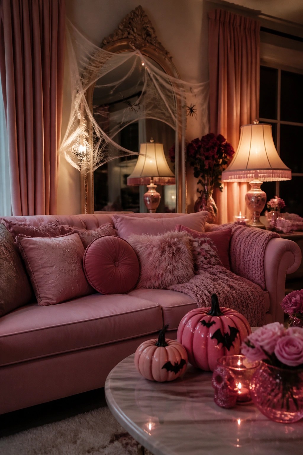 Living room with a large gold mirror draped in white spiderwebs, small bats and spiders attached, and pink pumpkins on a marble coffee table.