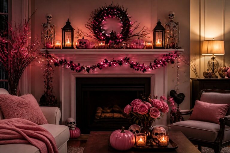 White fireplace mantel styled for Halloween with pink pumpkins, black bats, string lights, and foliage.