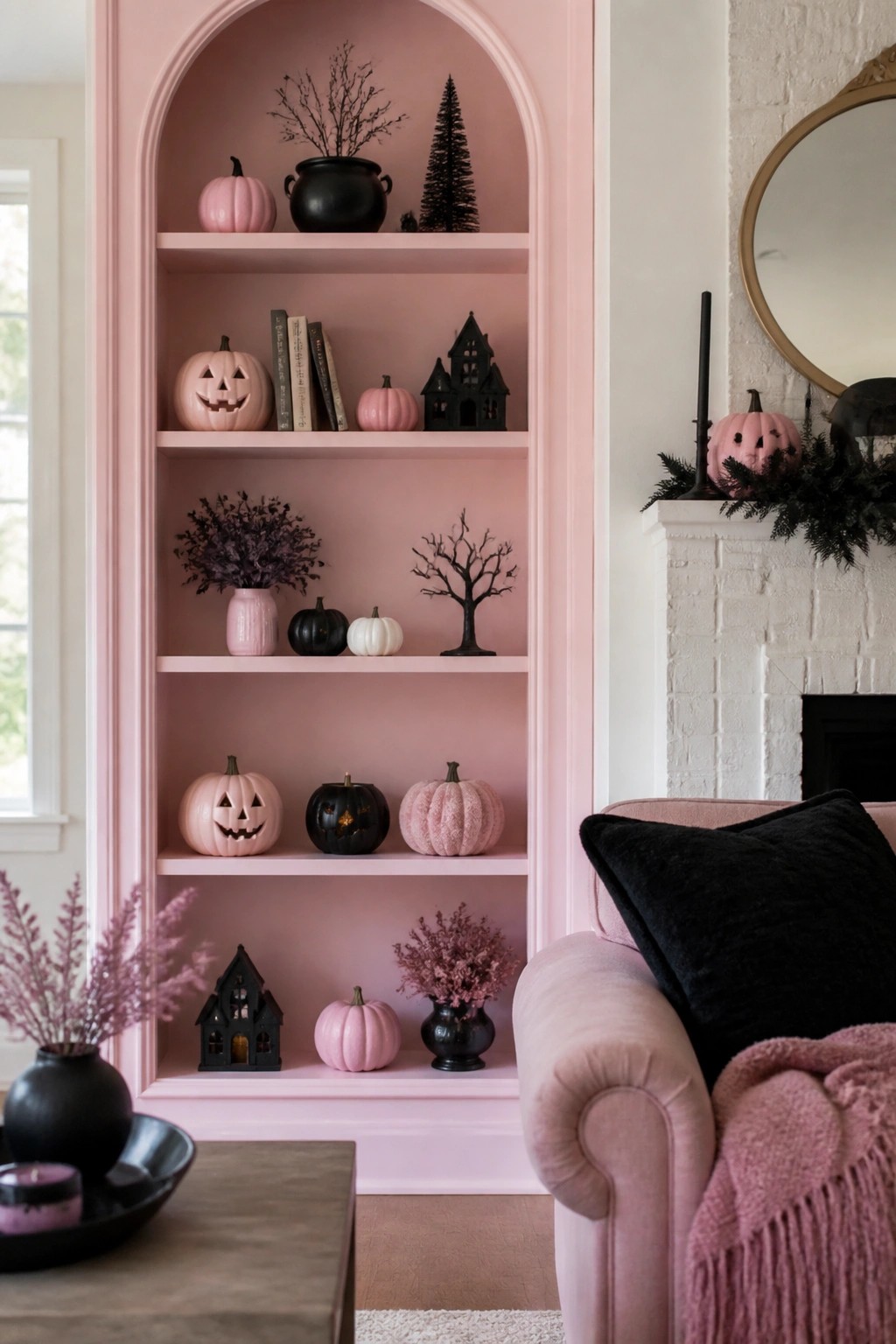 Pink arched bookshelf with pink and black Halloween pumpkins beside pink sofa.