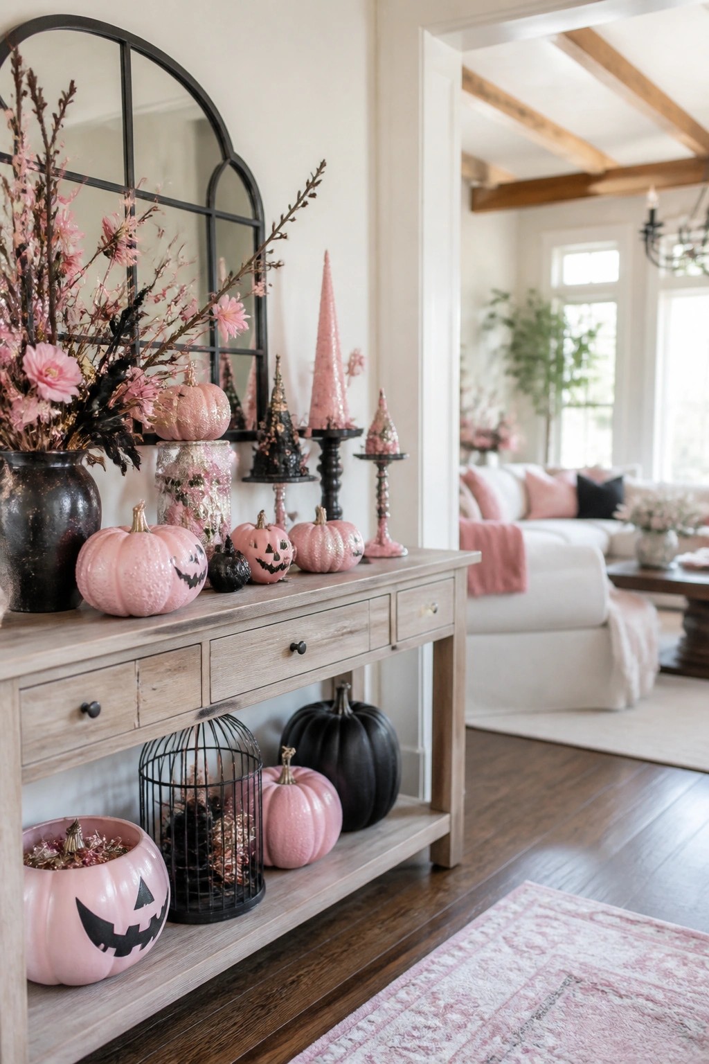 Wooden console table decorated with multiple pink glitter pumpkins, some carved with jack o' lantern faces, pink decorative trees, and a black birdcage on the lower shelf.