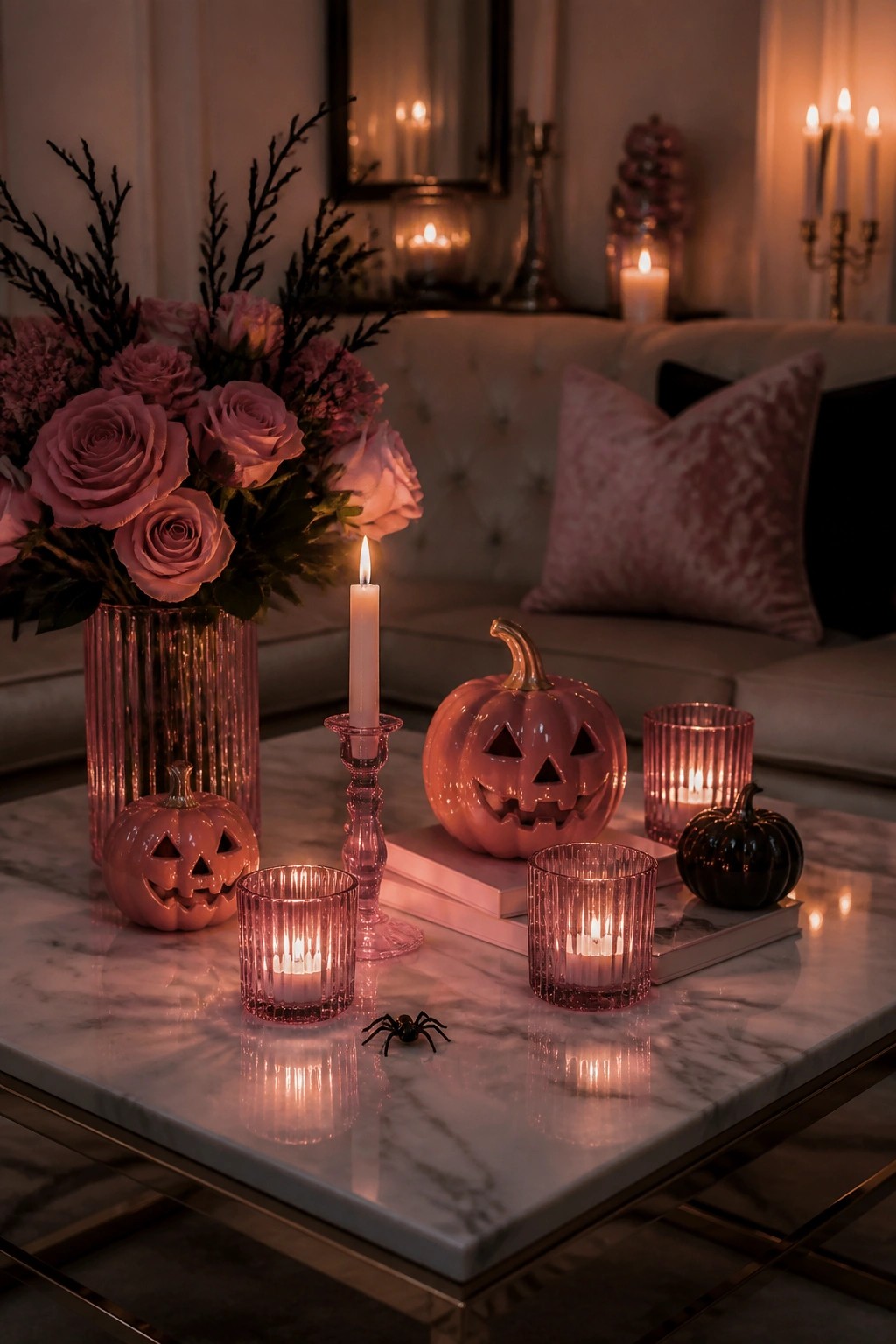Pink pumpkins, lit candles, and roses on marble table for Halloween