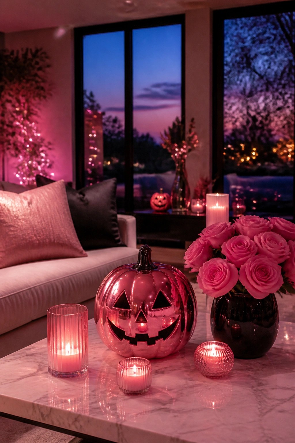 Living room coffee table with a large metallic pink jack o lantern surrounded by lit candles in pink glass holders and a vase of pink roses.