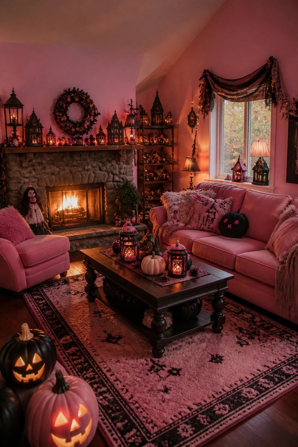 Living room with a stone fireplace mantel covered in small lit lanterns and miniature houses, pink sofa and armchair nearby, and glowing jack-o'-lanterns on the floor.