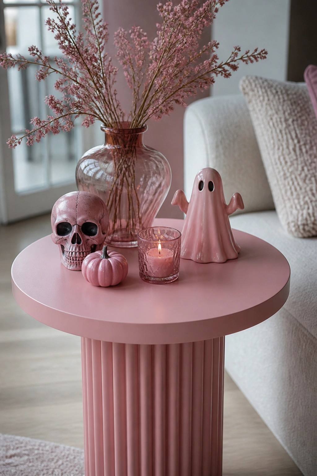 Pink side table with a ceramic ghost figurine, pink skull, small pumpkin, and lit candle in a glass holder.