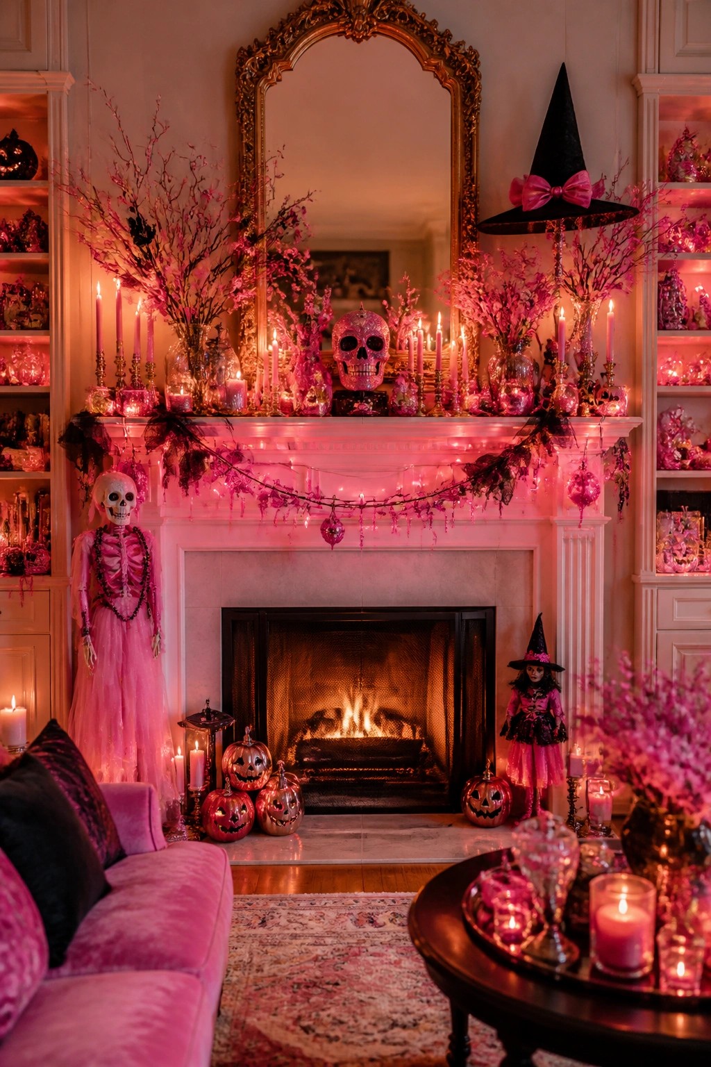Living room mantel decorated for Halloween with a large pink skull, black garland, pink branches, candles, a skeleton in a pink dress, a witch hat, and small jack o' lanterns on the hearth.