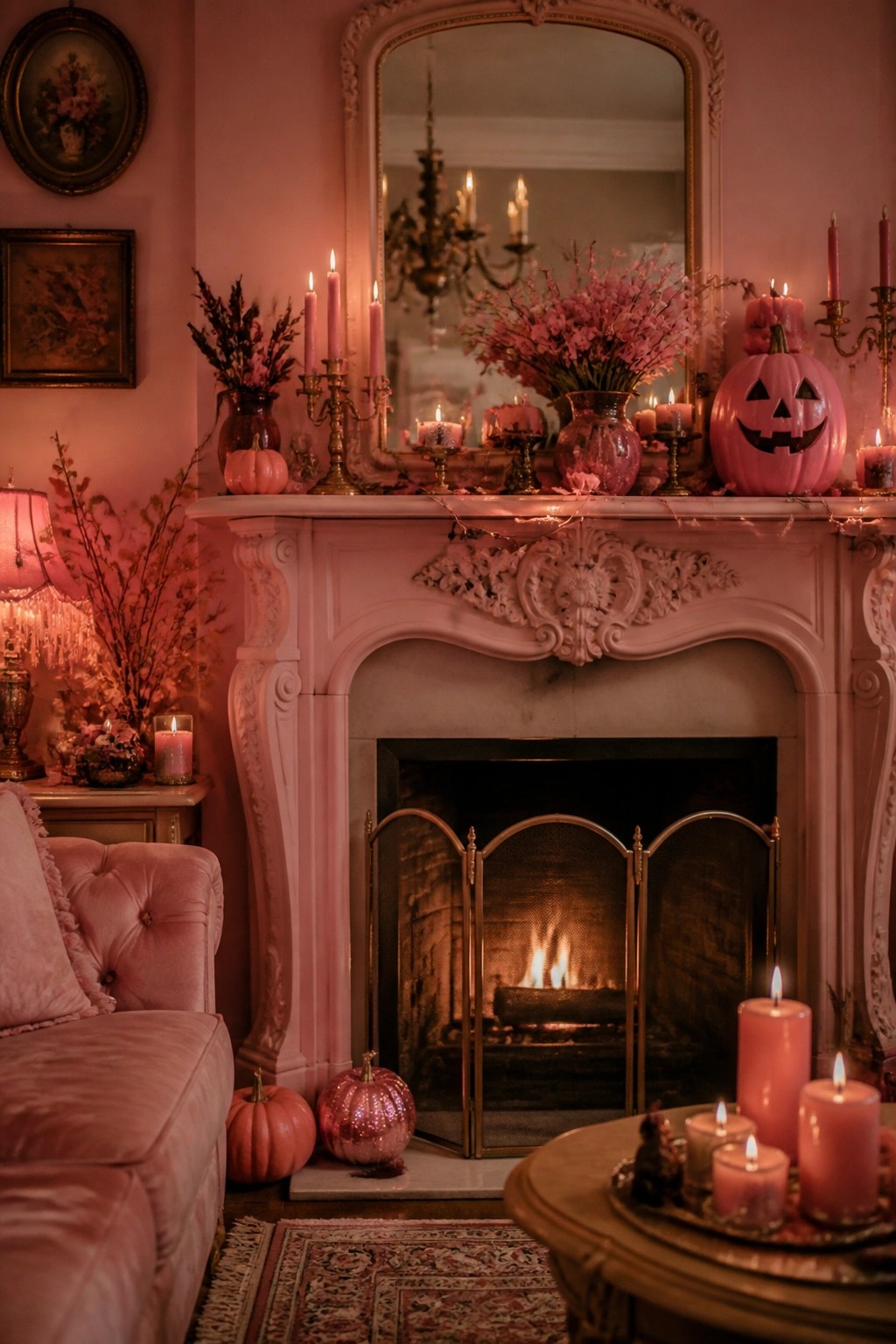 Pink fireplace mantel decorated with a carved pink jack o lantern, tall pink candles, and pink floral arrangements in a softly lit living room.