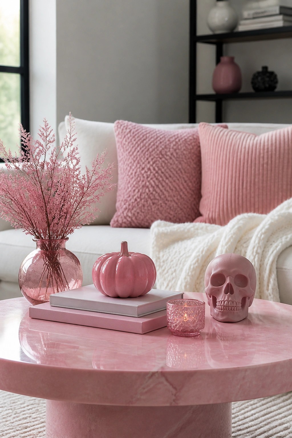 Pink marble coffee table holding a decorative pink skull, a pink ceramic pumpkin on stacked books, and a lit pink candle in a living room.