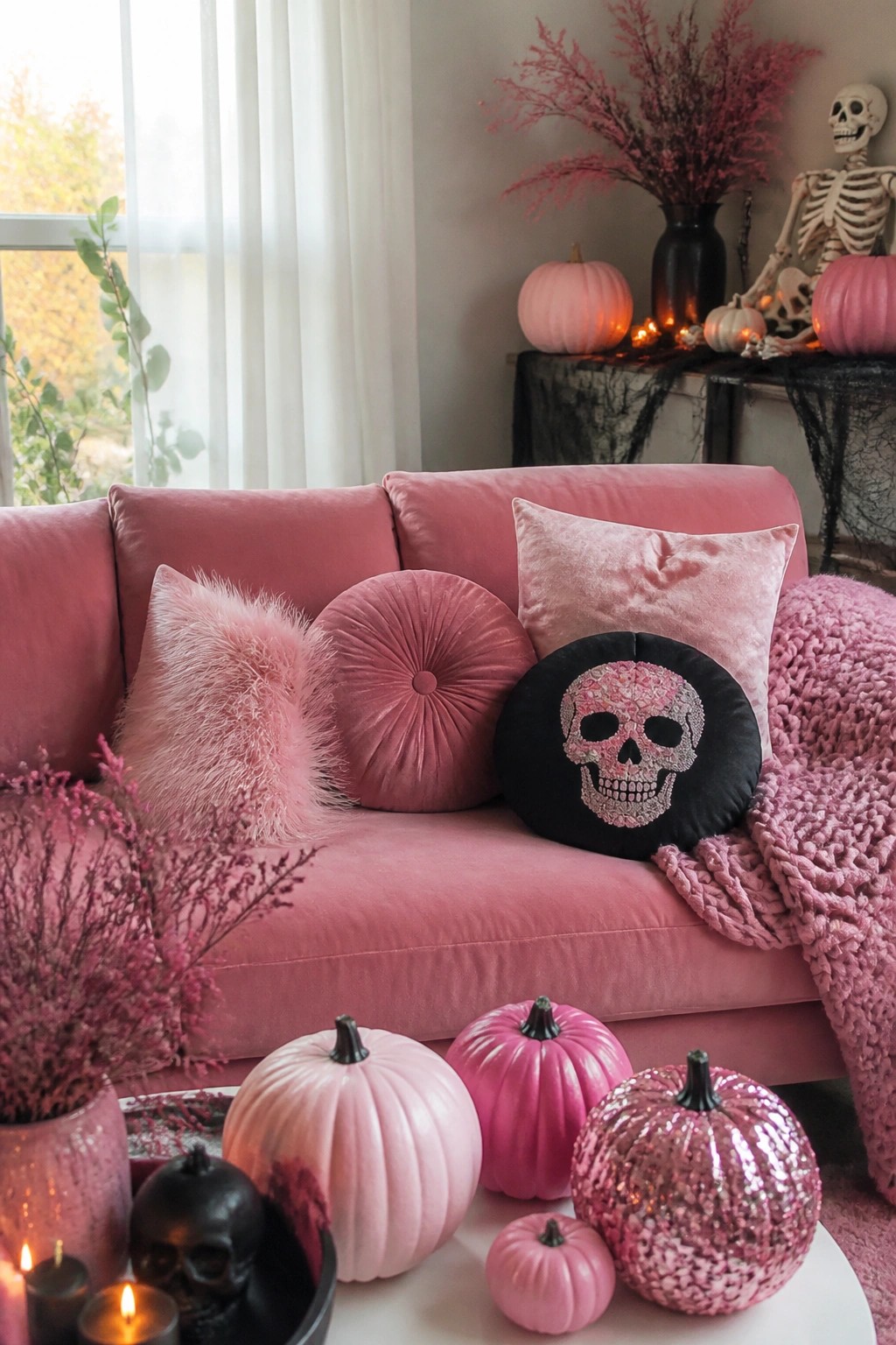 Pink velvet sofa with skull pillows, furry cushions, and assorted pink pumpkins.