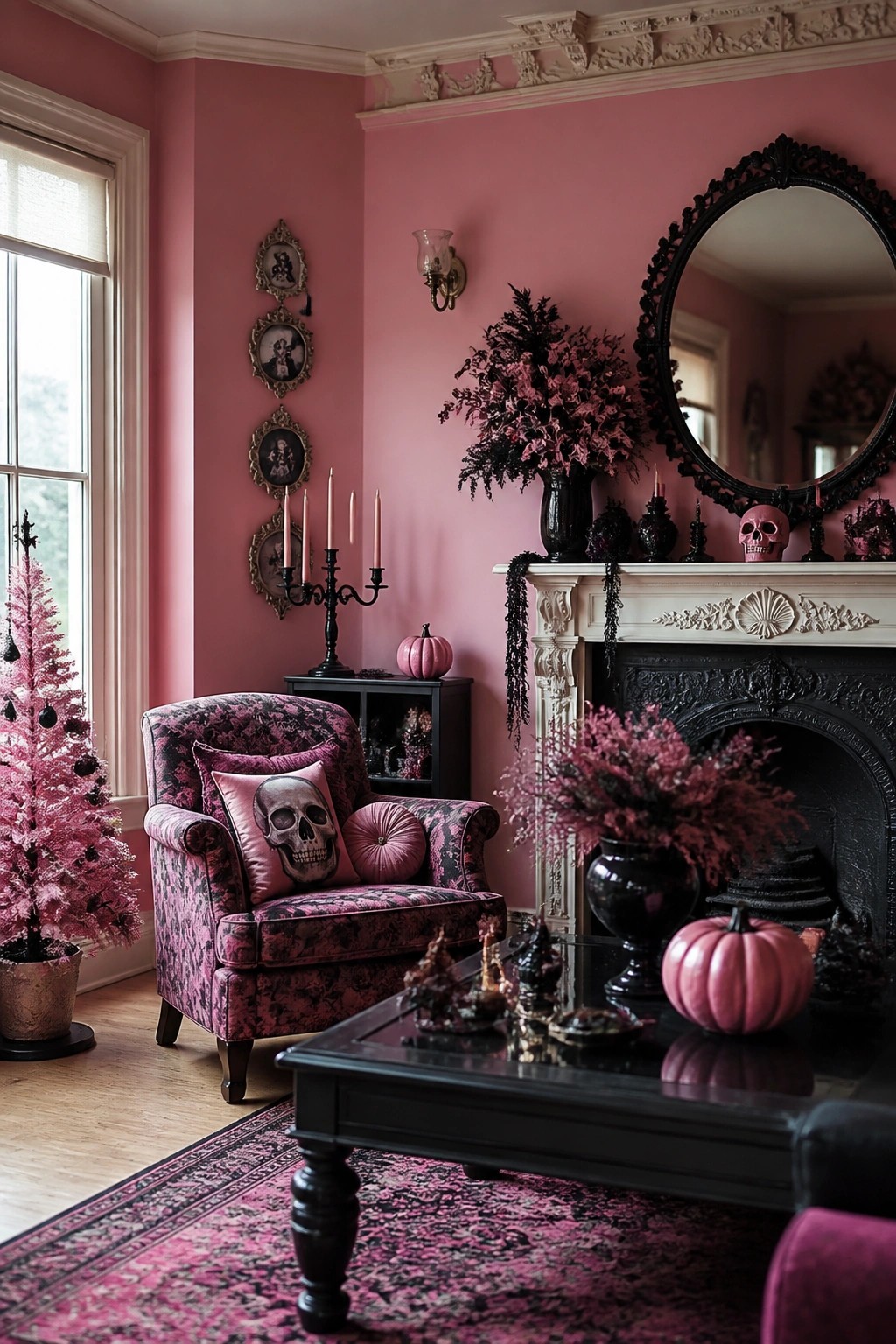 Pink living room featuring a skull pillow on a patterned armchair and skull decorations arranged on the white mantel with pink pumpkins.