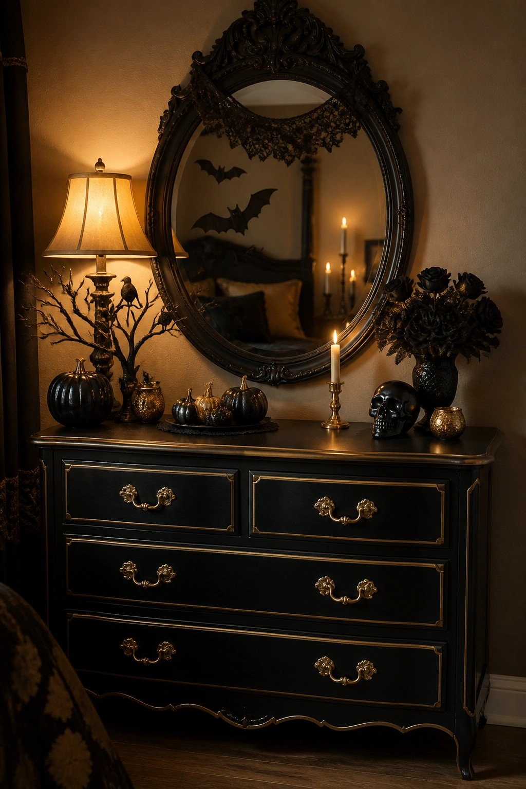 Black dresser with gold trim topped with black pumpkins, a skull, black roses, and candles beneath a large ornate mirror showing bats in the reflection.