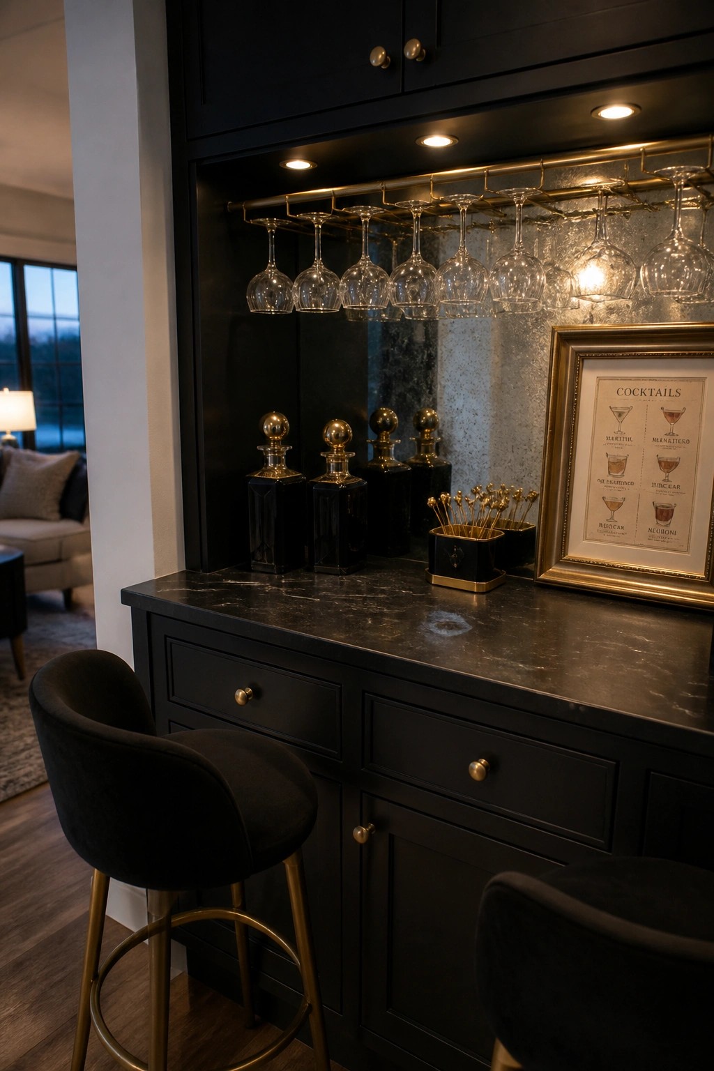 A home bar featuring black cabinets with gold knobs, a dark marble countertop, hanging wine glasses on a gold rail, and two black upholstered bar stools.