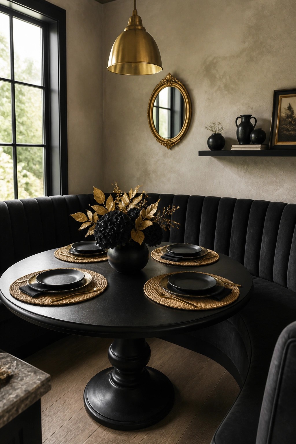 A round black dining table set for four with black plates, gold utensils, woven placemats, and a black vase of black and gold flowers, placed against a black velvet banquette under a brass pendant light.