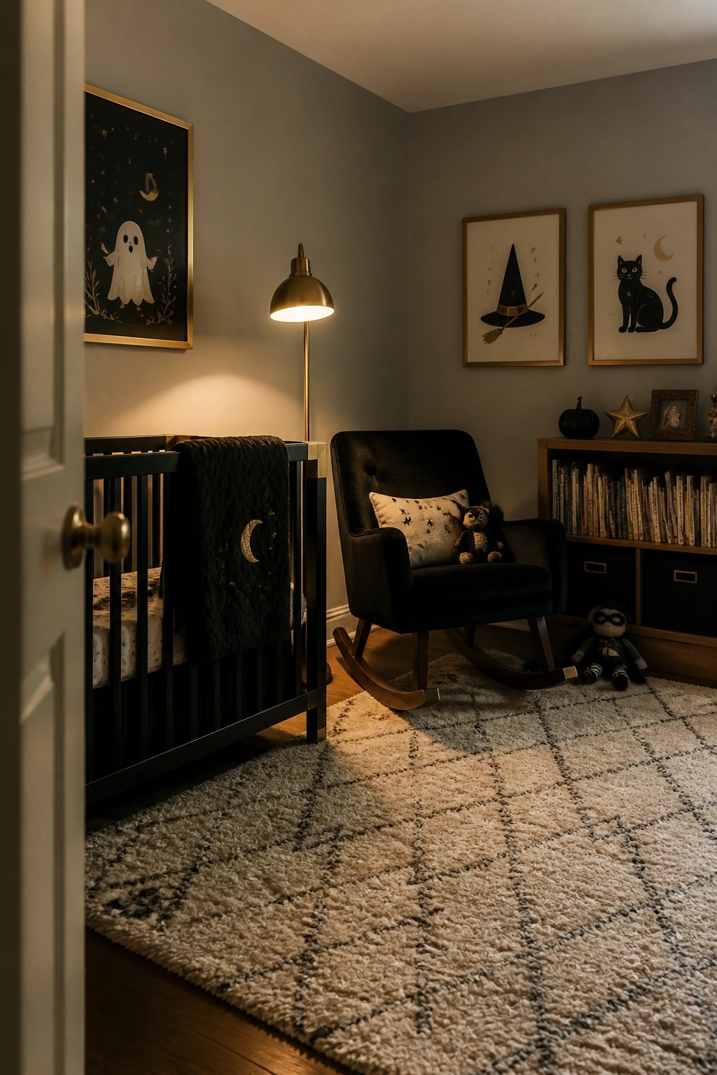 A dimly lit nursery with a black crib, black rocking chair, white shag rug, and three framed black and gold Halloween prints on gray walls.
